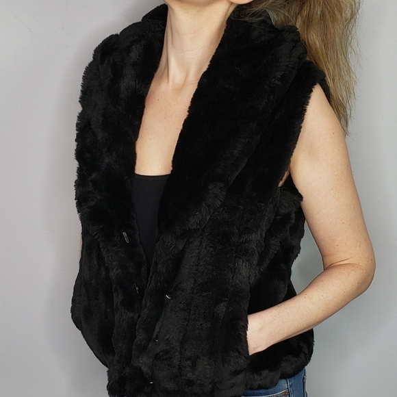 Alfani faux fur vest black ribbed panel collar - Picture 2 of 8